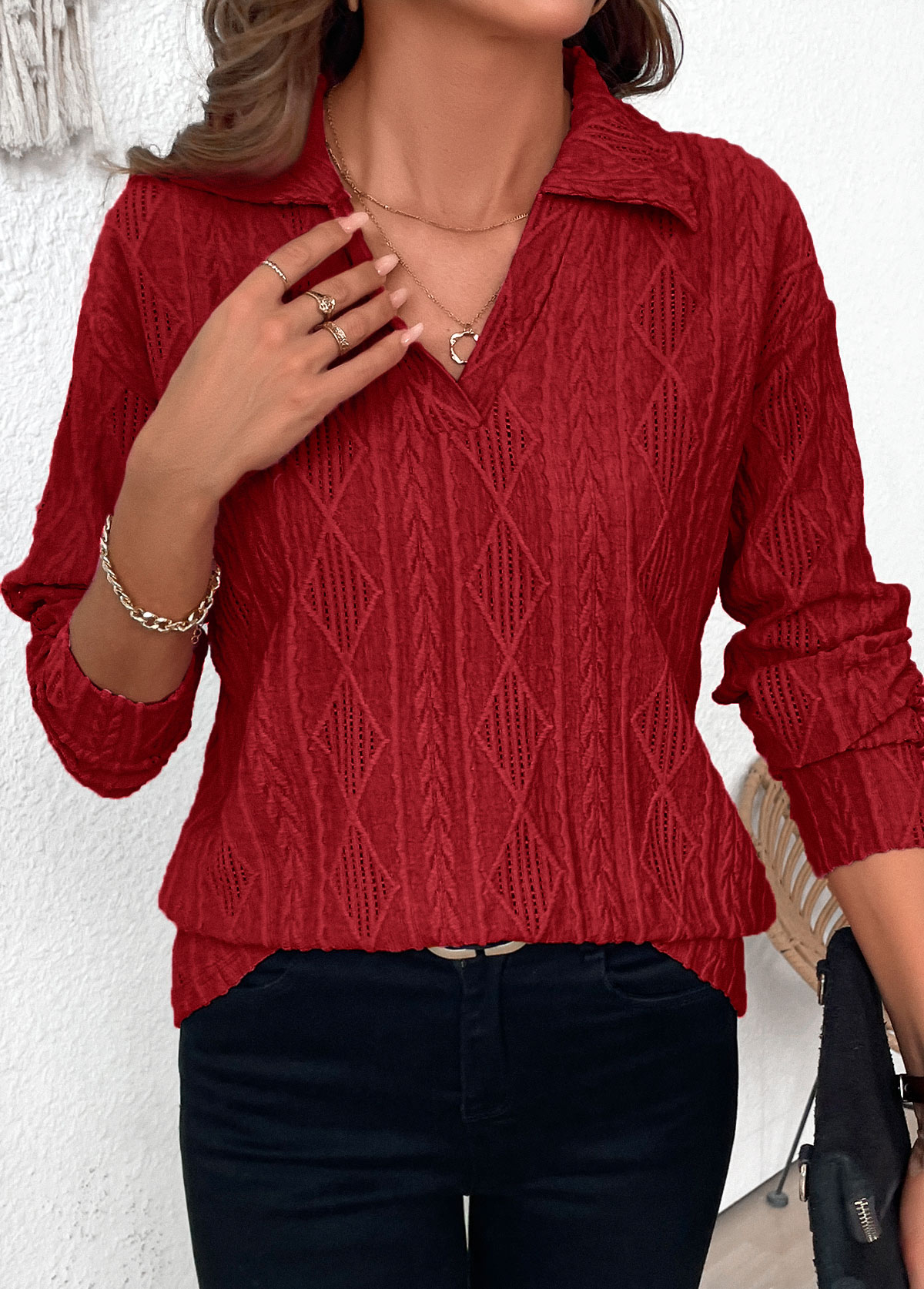 Wine Red Lace Long Sleeve Turn Down Collar Blouse | picture 