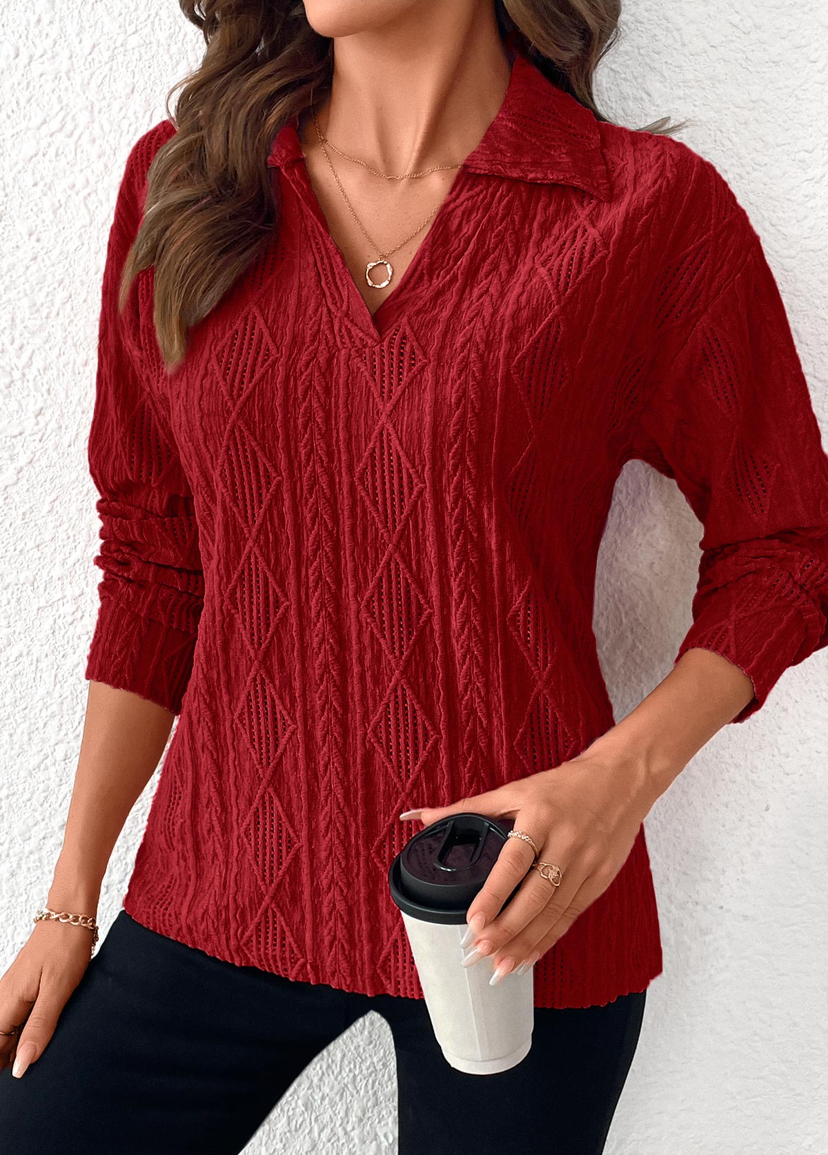 Wine Red Lace Long Sleeve Turn Down Collar Blouse | picture 