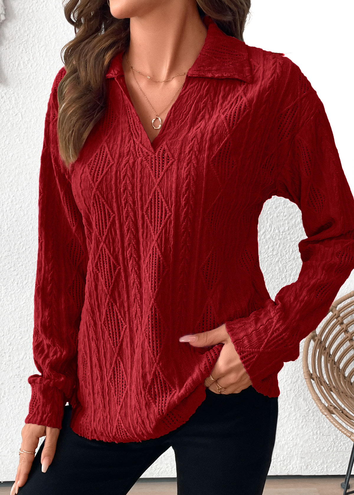 Wine Red Lace Long Sleeve Turn Down Collar Blouse | picture 