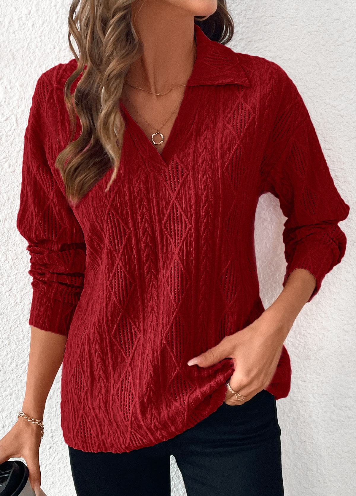 Wine Red Lace Long Sleeve Turn Down Collar Blouse | picture 