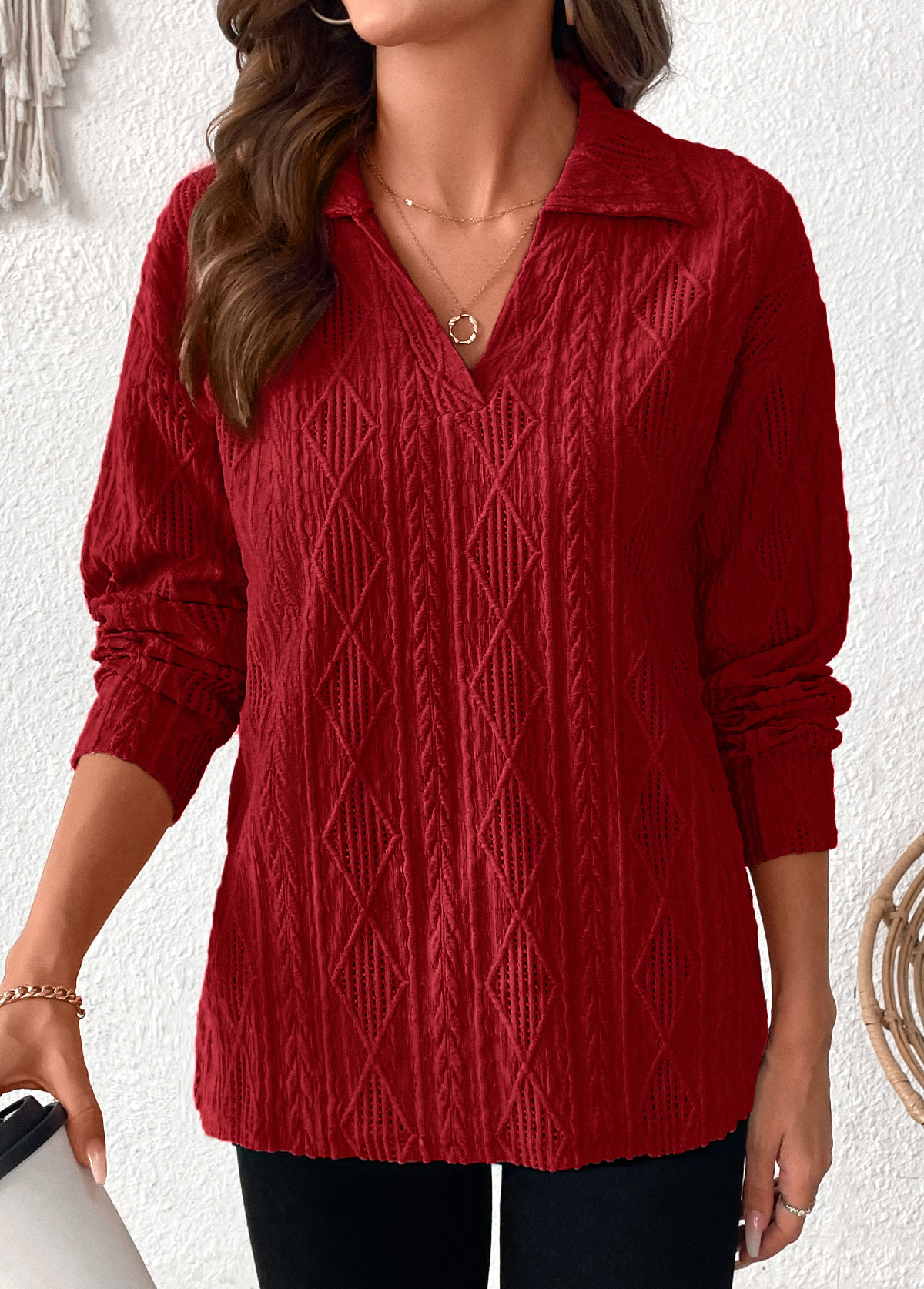 Wine Red Lace Long Sleeve Turn Down Collar Blouse | picture 