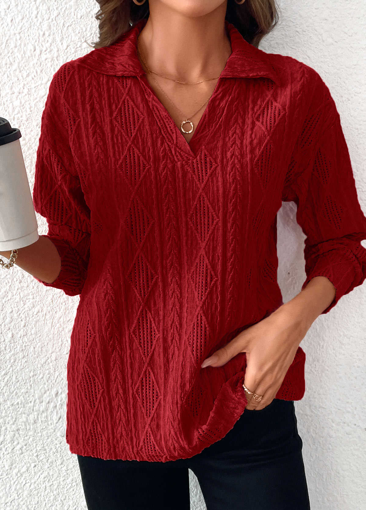 Wine Red Lace Long Sleeve Turn Down Collar Blouse | picture 