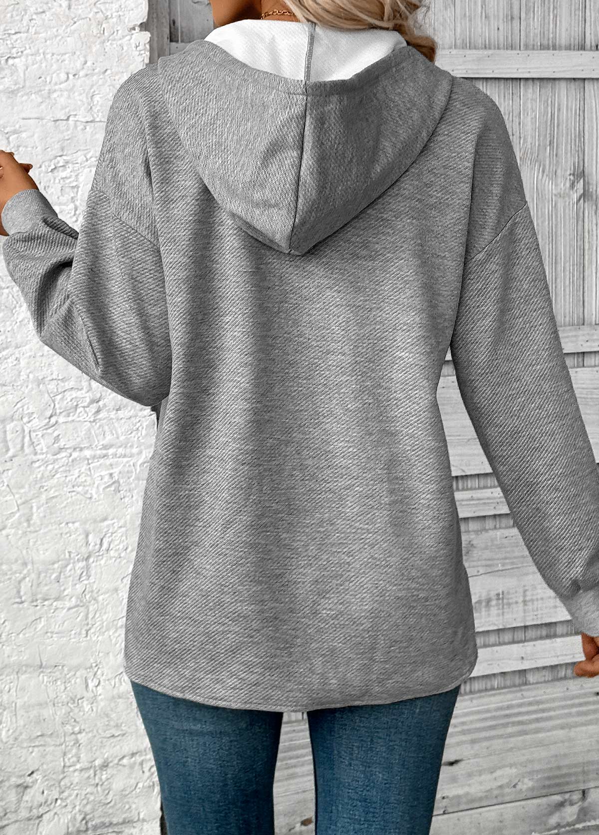 Plus Size Grey Embroidery Long Sleeve Hoodie | picture 