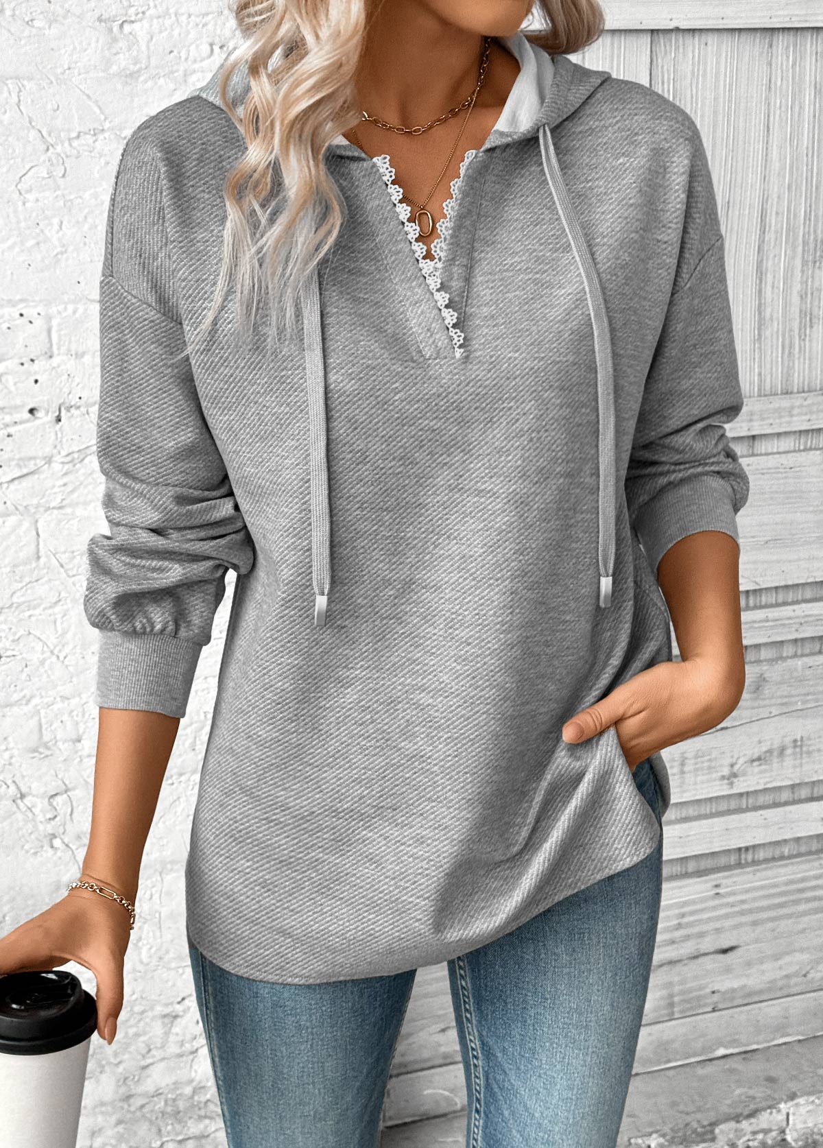 Plus Size Grey Embroidery Long Sleeve Hoodie | picture 
