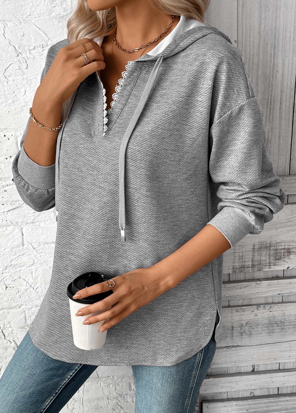 Plus Size Grey Embroidery Long Sleeve Hoodie | picture 