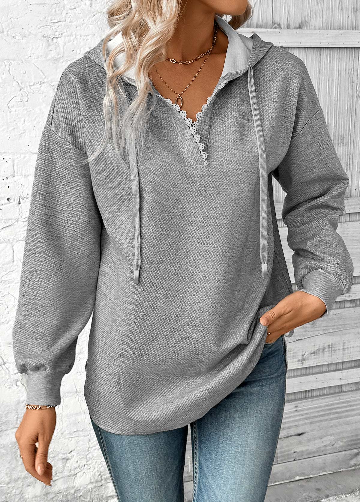 Plus Size Grey Embroidery Long Sleeve Hoodie | picture 