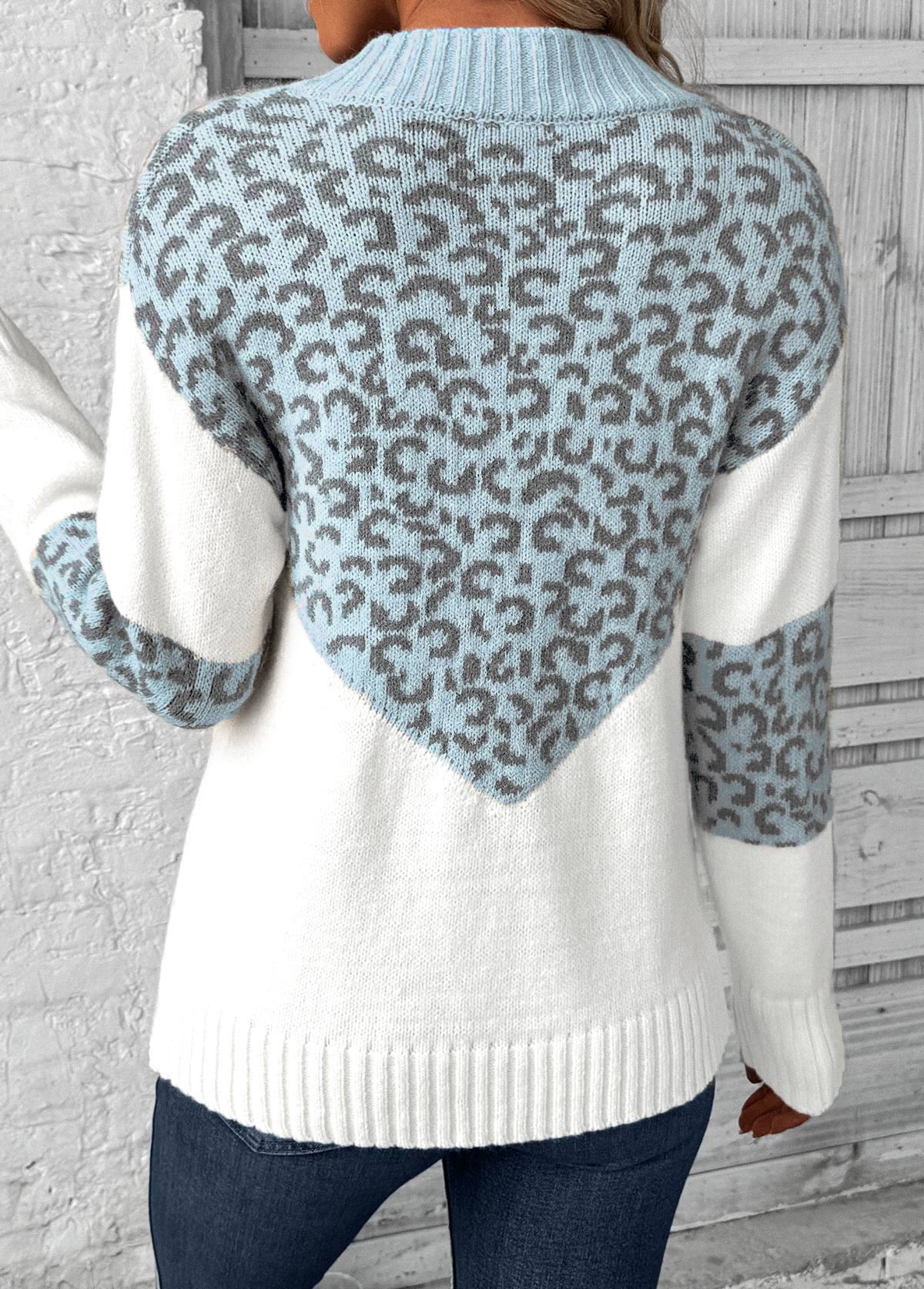 Light Blue Patchwork Leopard Long Sleeve V Neck Sweater | picture 