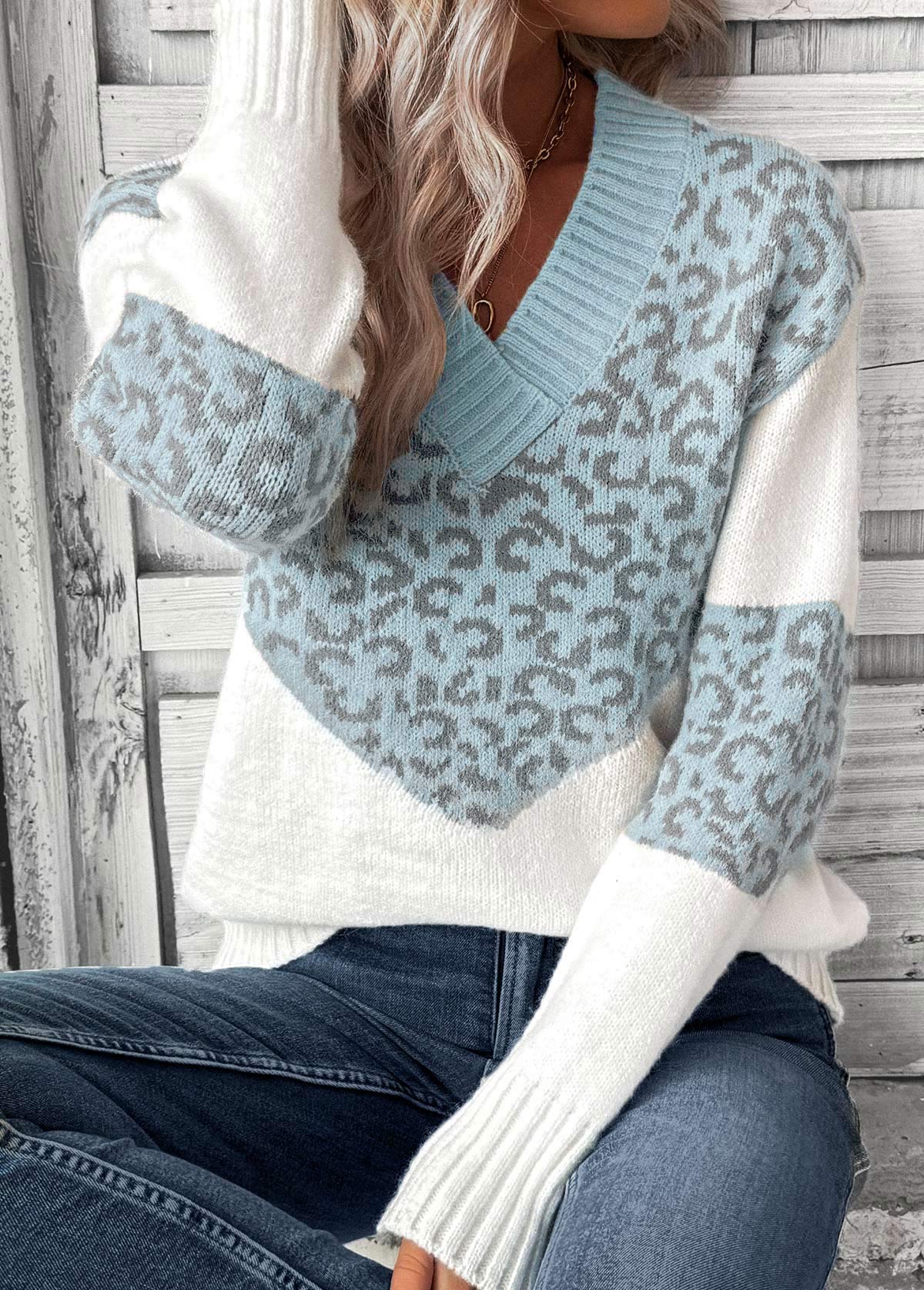 Light Blue Patchwork Leopard Long Sleeve V Neck Sweater | picture 