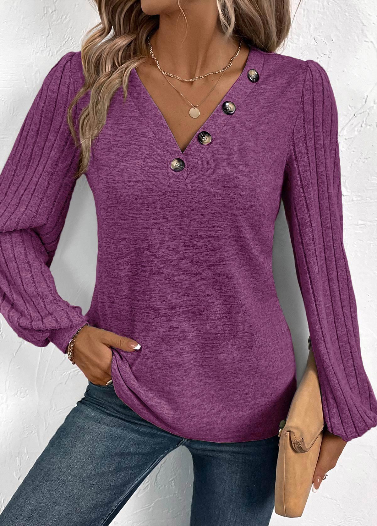 Purple Button Long Sleeve V Neck T Shirt | picture 