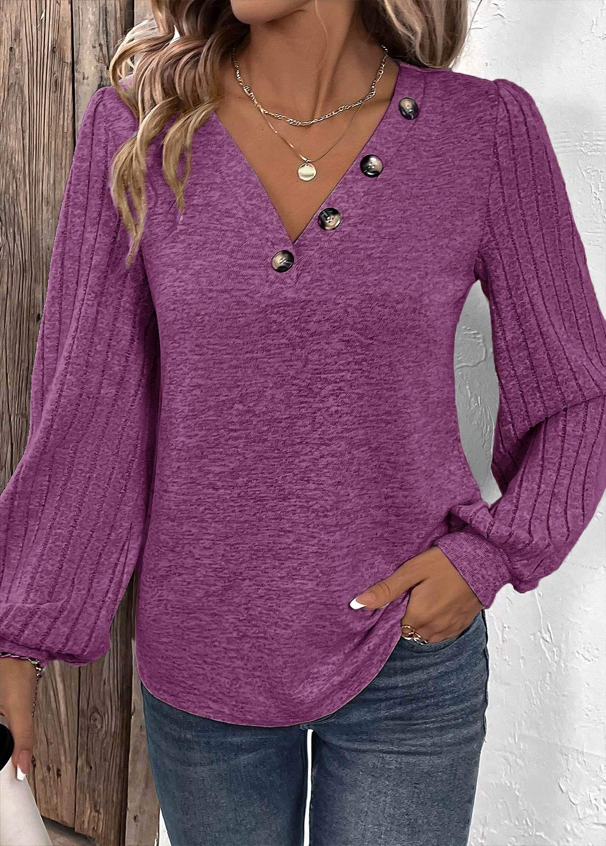 Purple Button Long Sleeve V Neck T Shirt | picture 