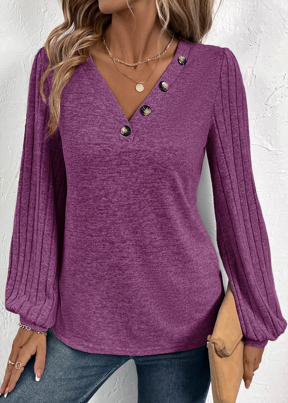 Purple Button Long Sleeve V Neck T Shirt | picture 