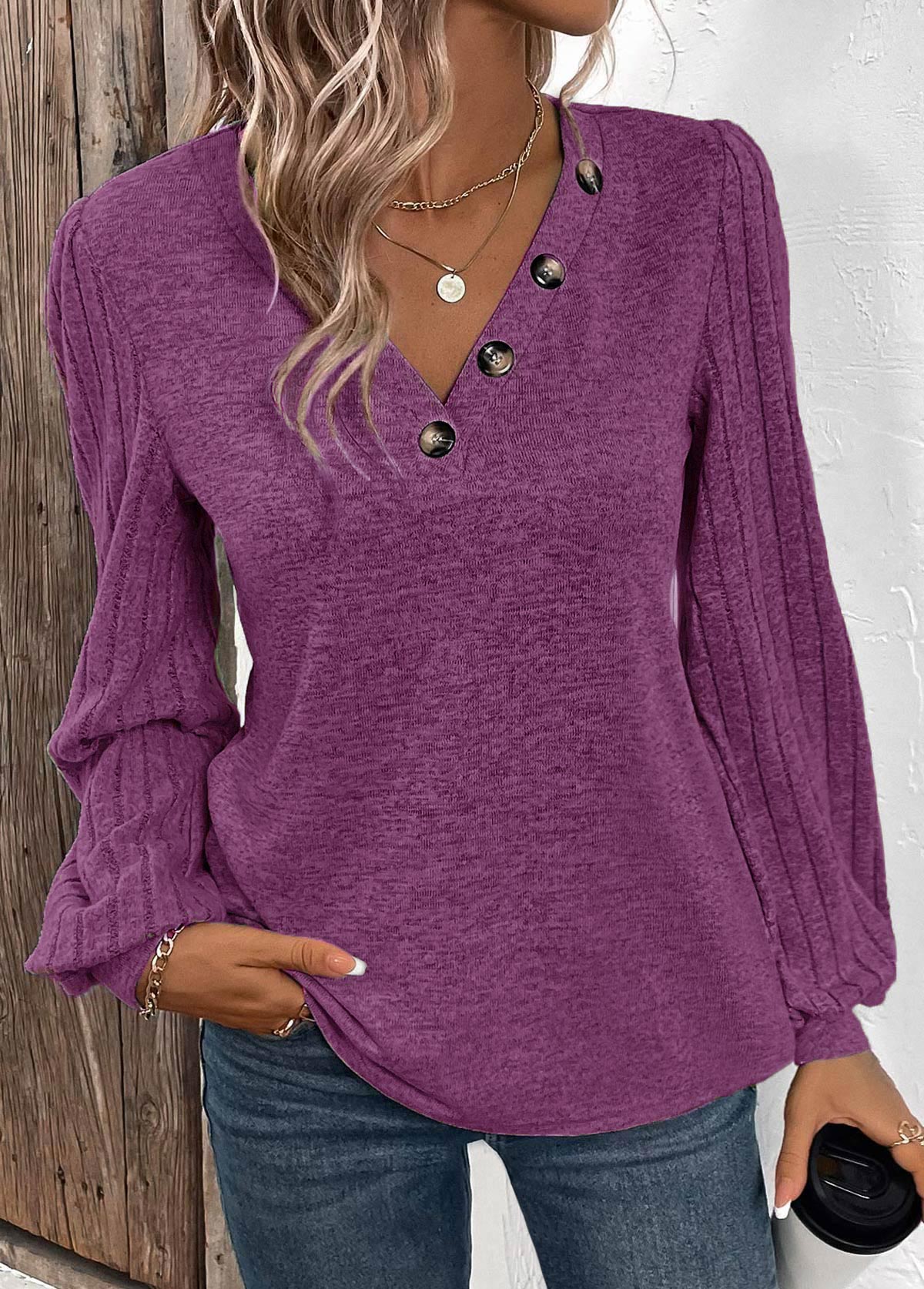 Purple Button Long Sleeve V Neck T Shirt | picture 