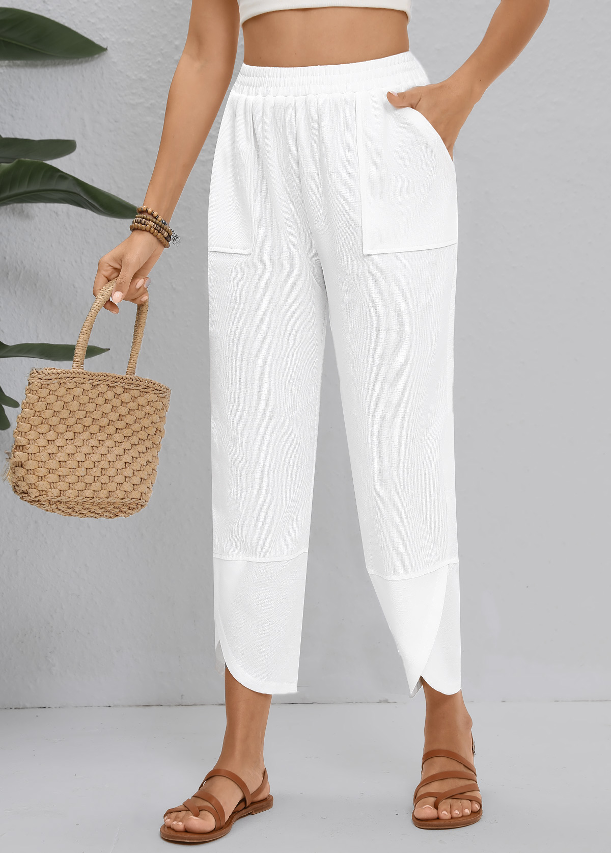 White Straight Leg Elastic Waist High Waisted Pants | picture 