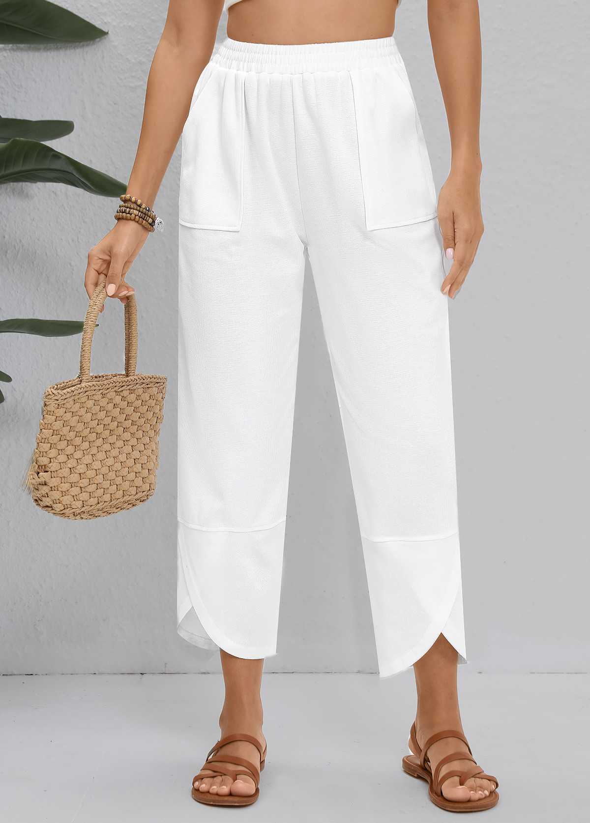 White Straight Leg Elastic Waist High Waisted Pants | picture 
