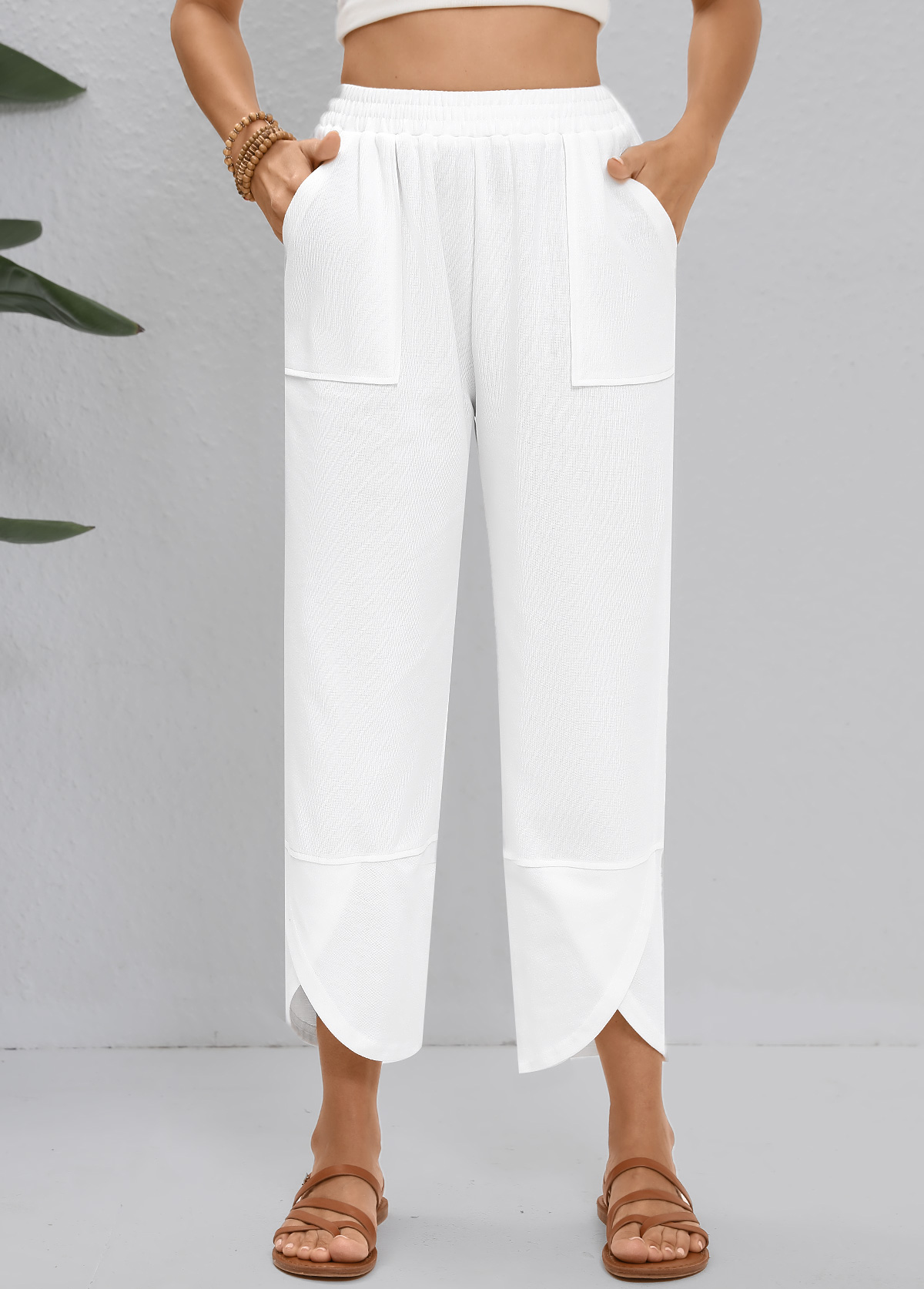 White Straight Leg Elastic Waist High Waisted Pants | picture 
