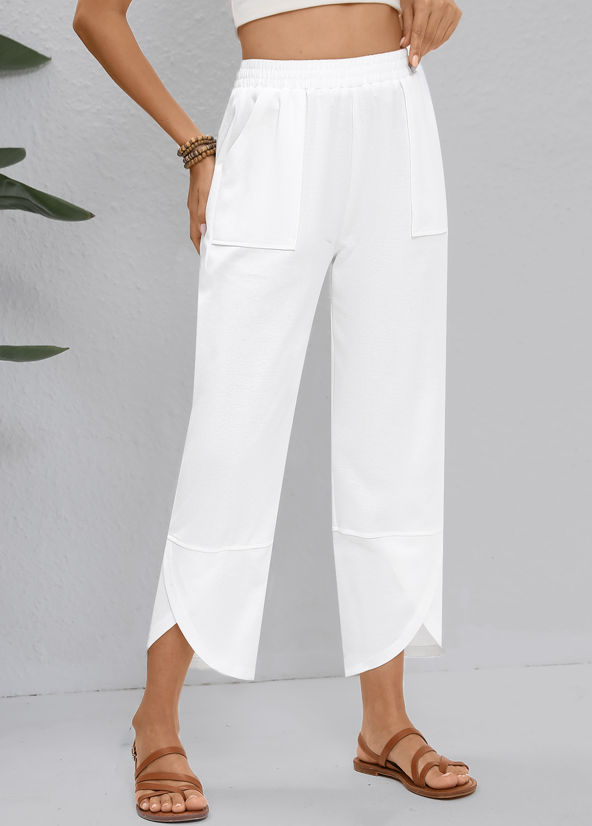 White Straight Leg Elastic Waist High Waisted Pants | picture 