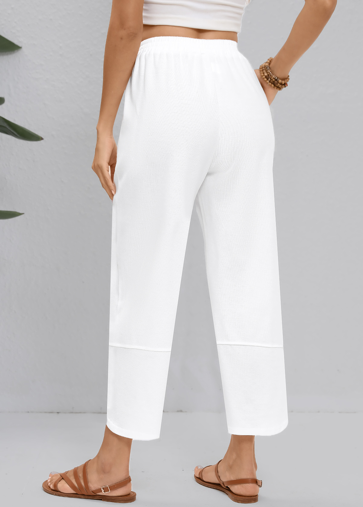 White Straight Leg Elastic Waist High Waisted Pants | picture 