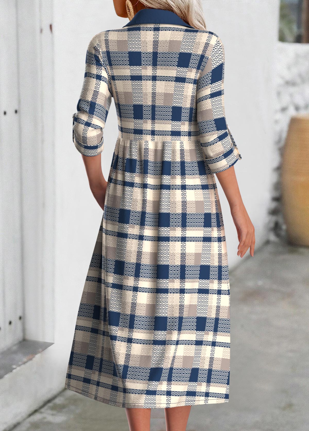 Multi Color Button Plaid Long Sleeve Shirt Collar Dress | picture 