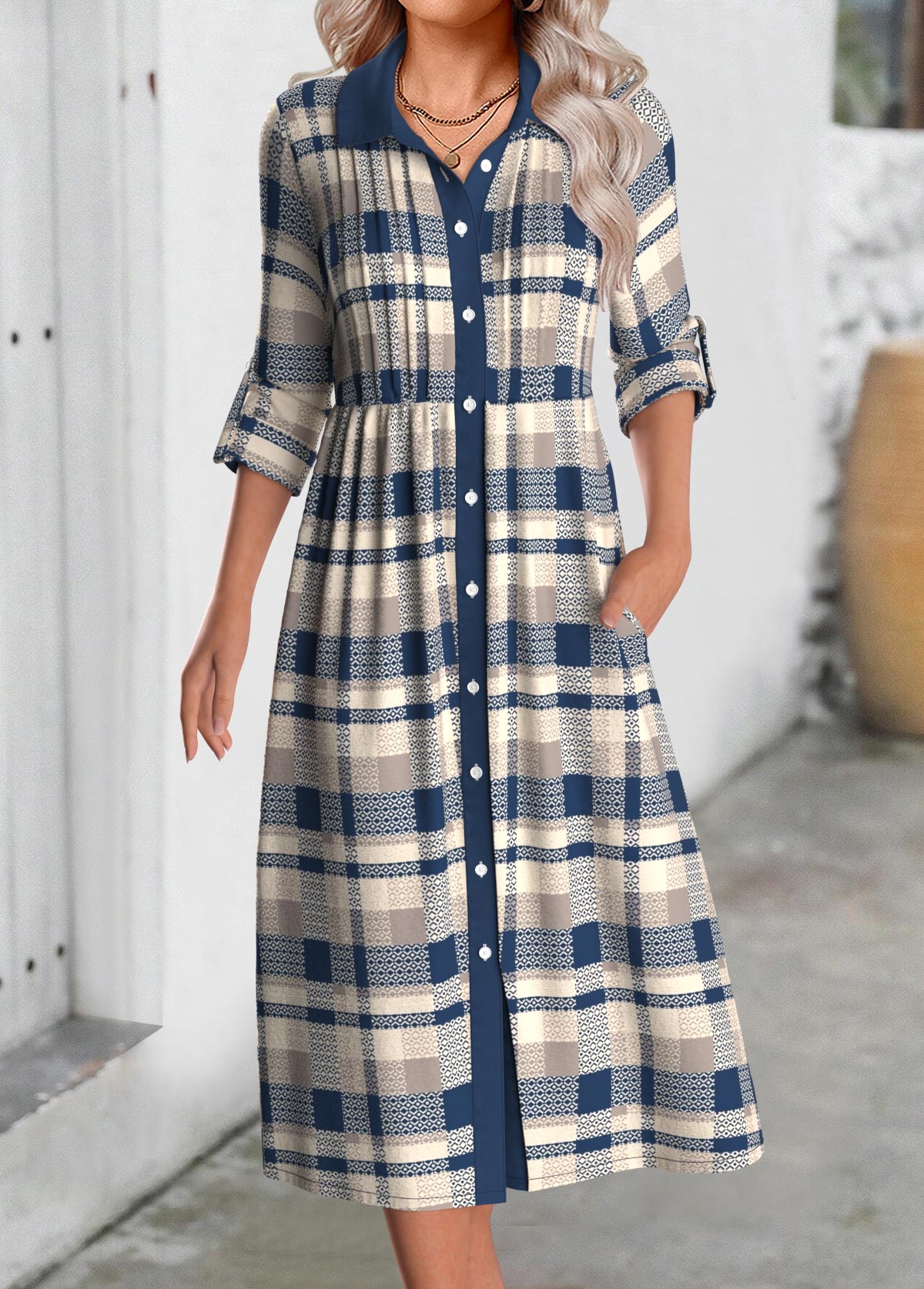 Multi Color Button Plaid Long Sleeve Shirt Collar Dress | picture 