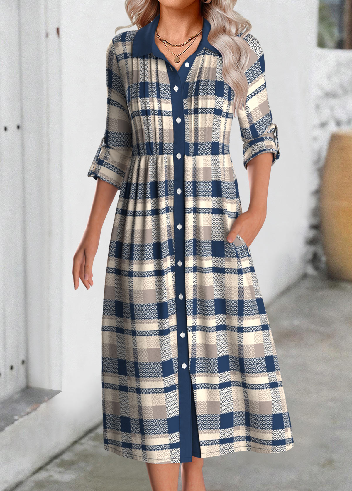 Multi Color Button Plaid Long Sleeve Shirt Collar Dress | picture 