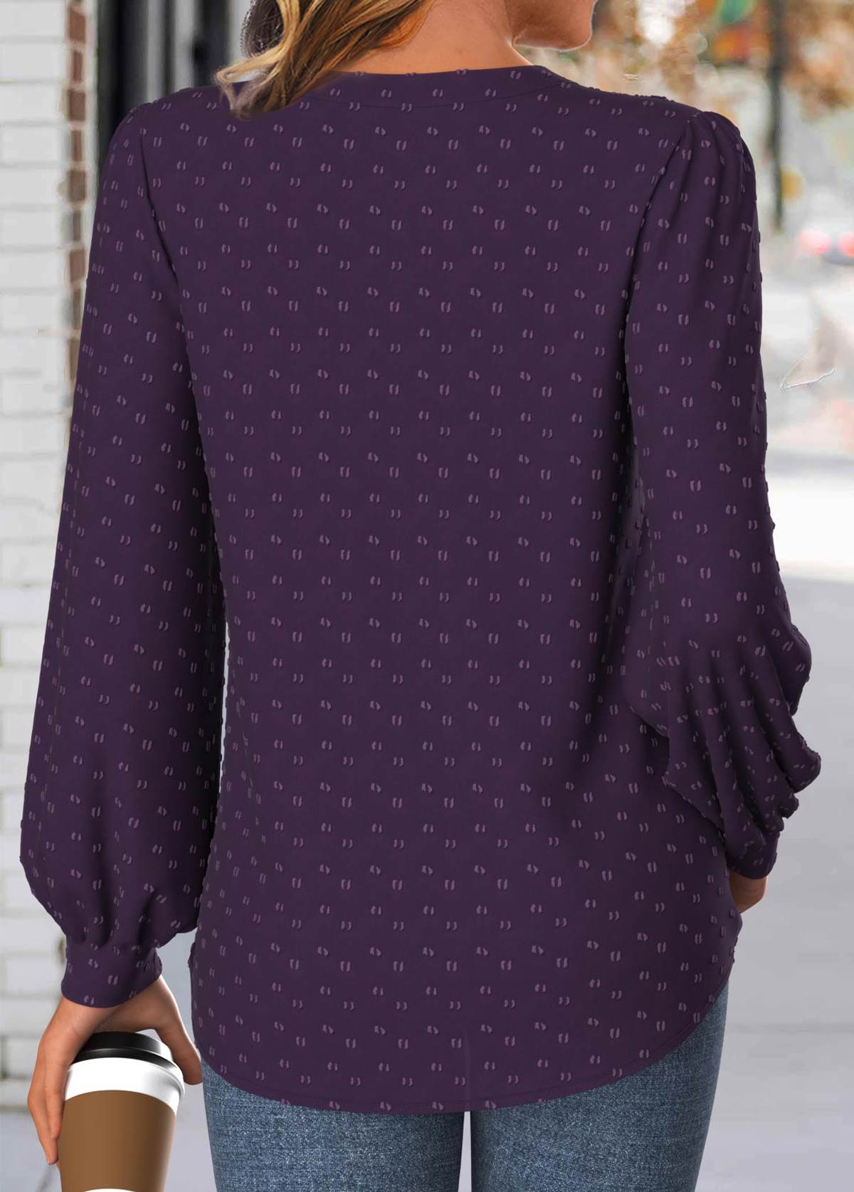Purple Embroidery Long Sleeve Split Neck Blouse | picture 
