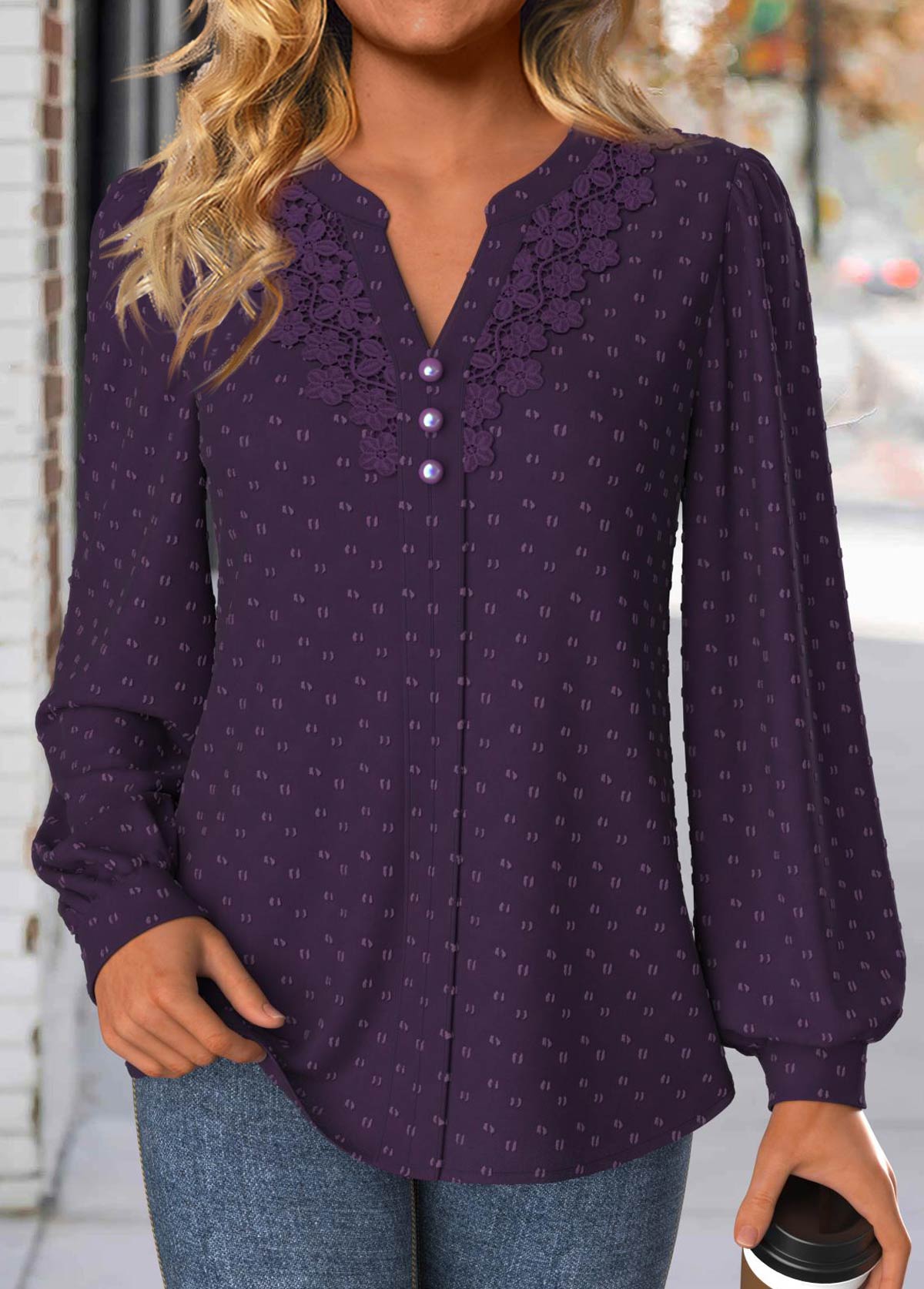 Purple Embroidery Long Sleeve Split Neck Blouse | picture 