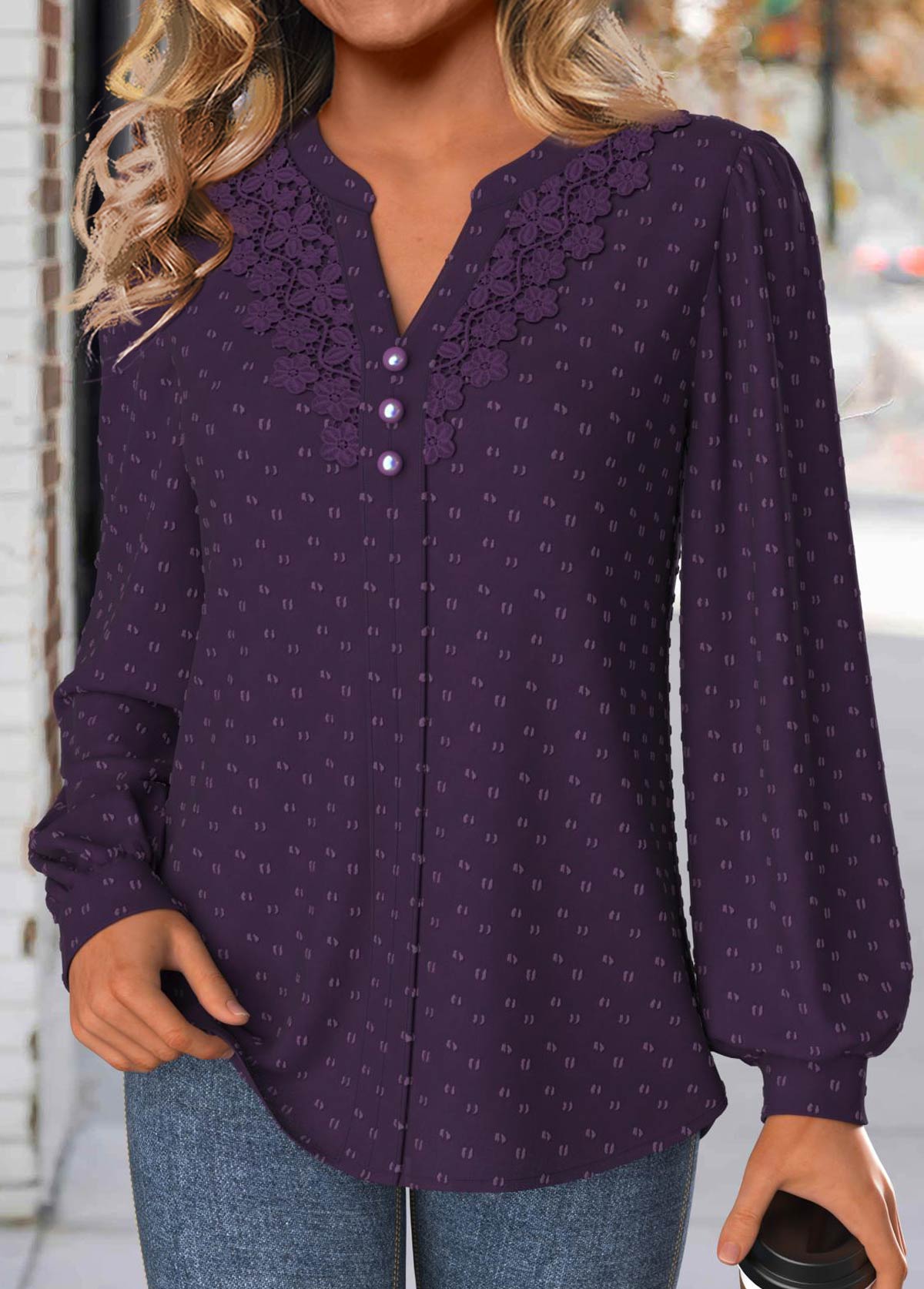 Purple Embroidery Long Sleeve Split Neck Blouse | picture 