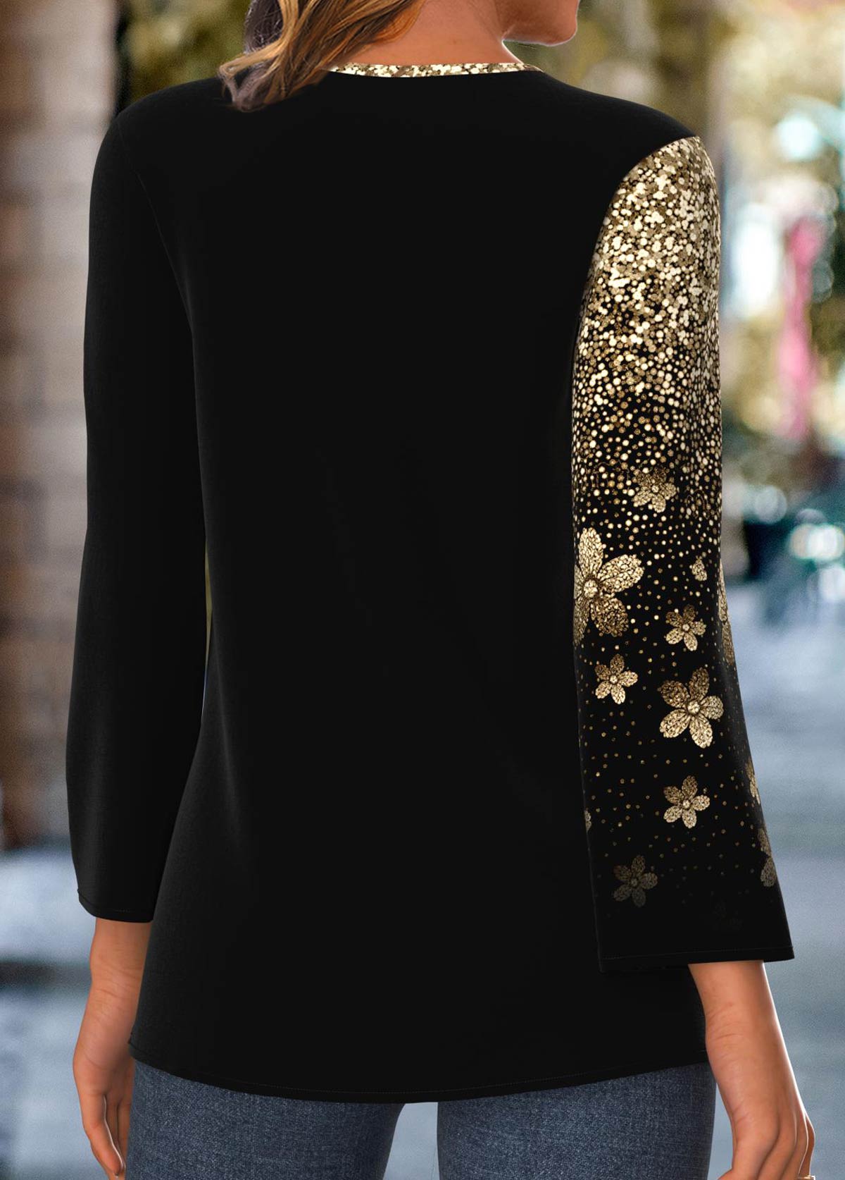Black Patchwork Ombre Long Sleeve Split Neck Blouse | picture 