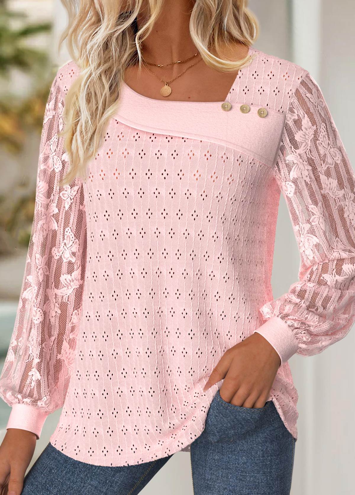 Light Pink Lace Long Sleeve Asymmetrical Neck T Shirt | picture 