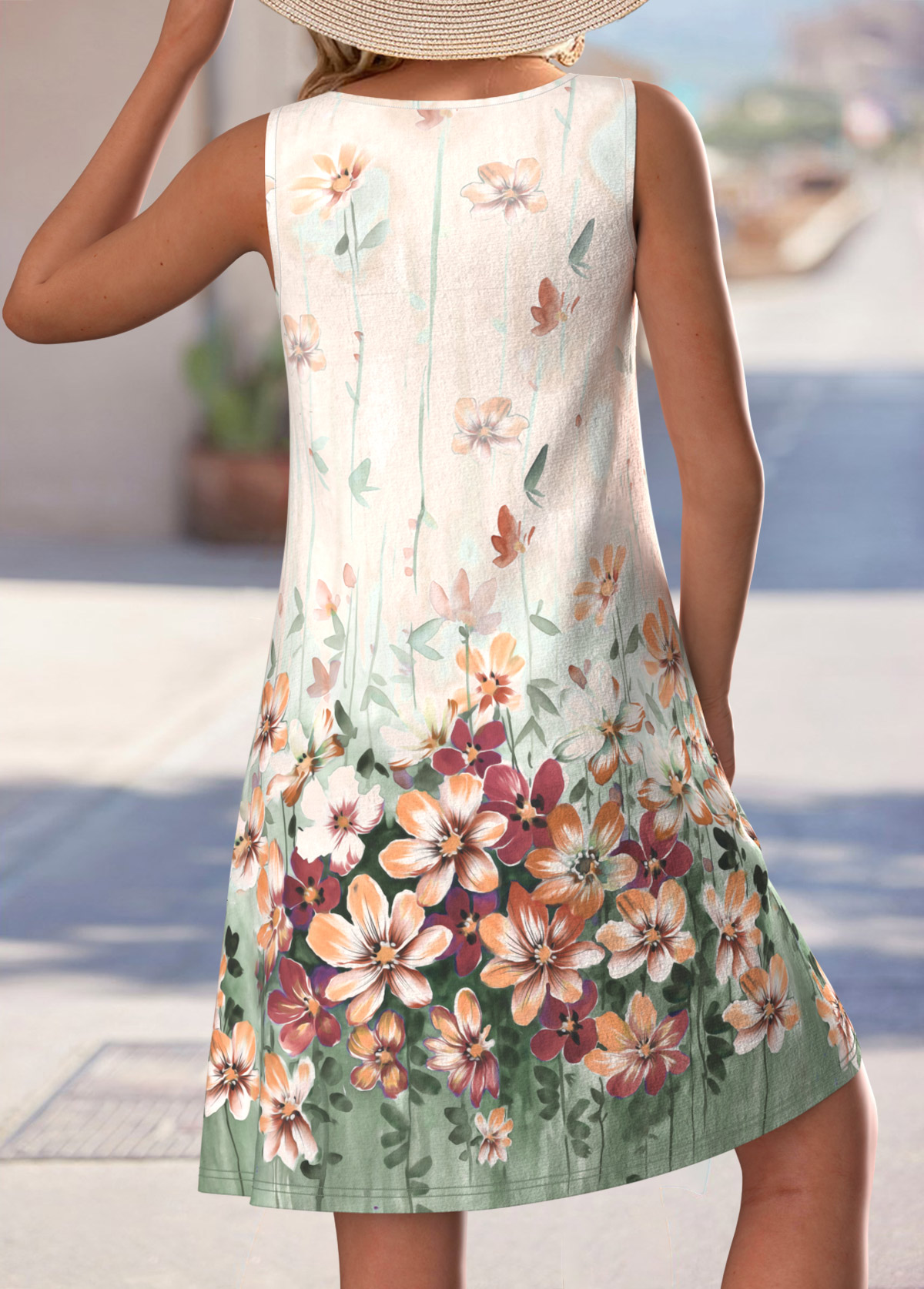 Beige Cut Out Floral Print A Line Sleeveless Dress | picture 