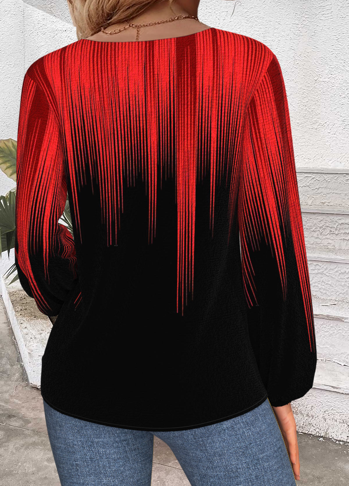 Red Embroidery Ombre Long Sleeve V Neck T Shirt | picture 