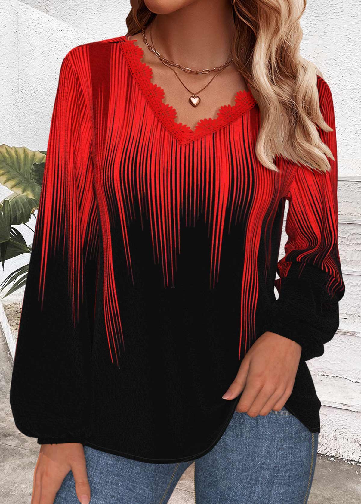 Red Embroidery Ombre Long Sleeve V Neck T Shirt | picture 