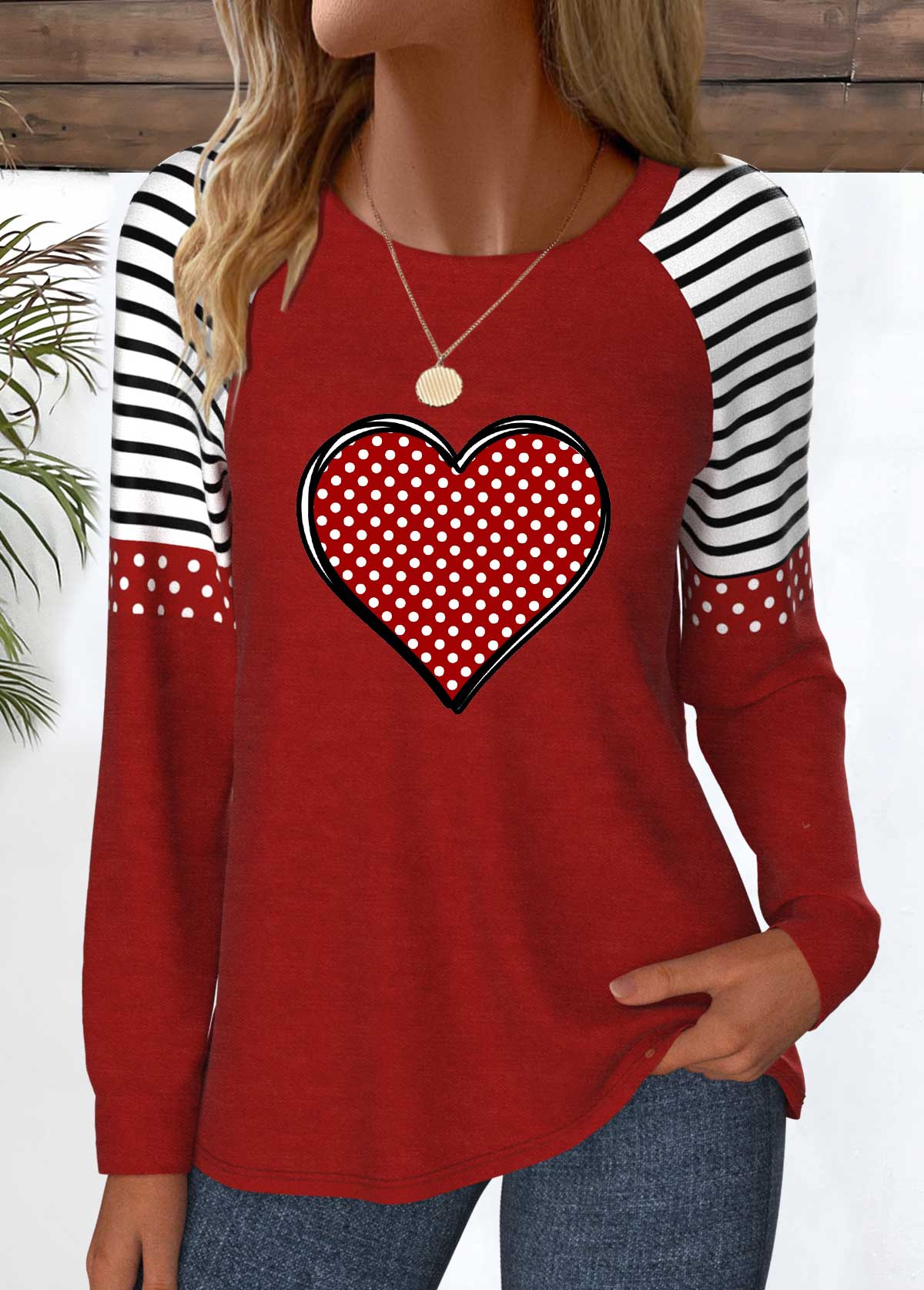 Wine Red Patchwork Heart Print Long Sleeve T Shirt | picture 