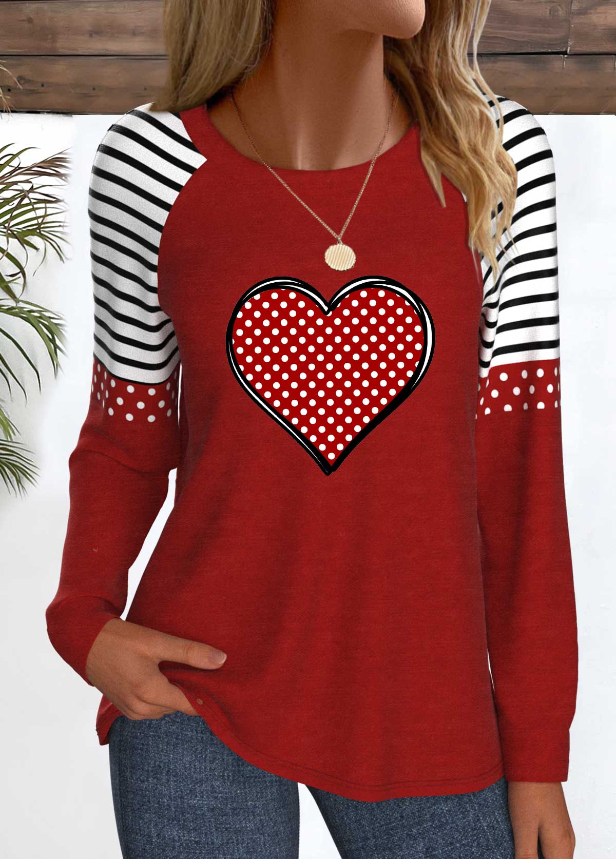 Wine Red Patchwork Heart Print Long Sleeve T Shirt | picture 