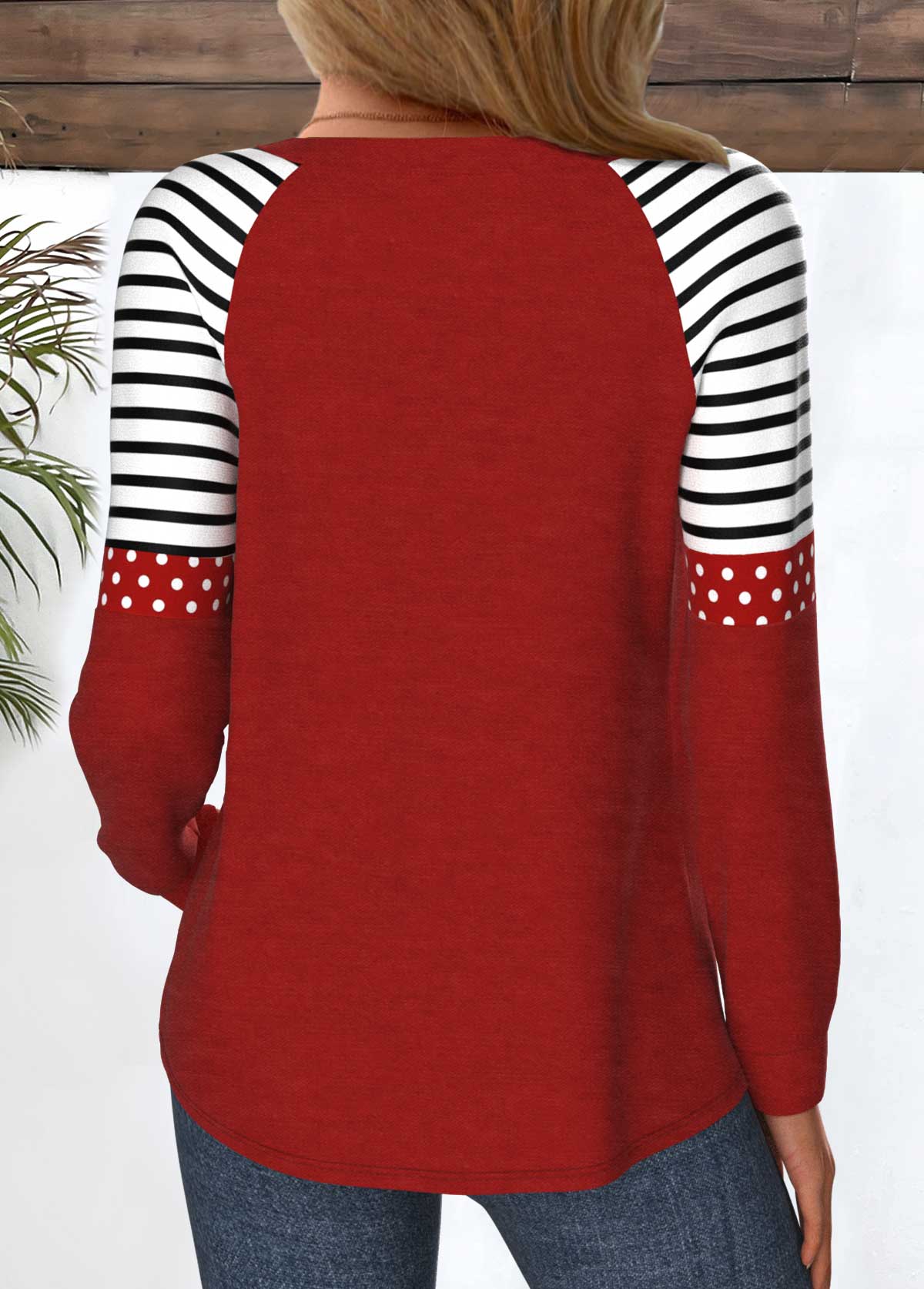 Wine Red Patchwork Heart Print Long Sleeve T Shirt | picture 