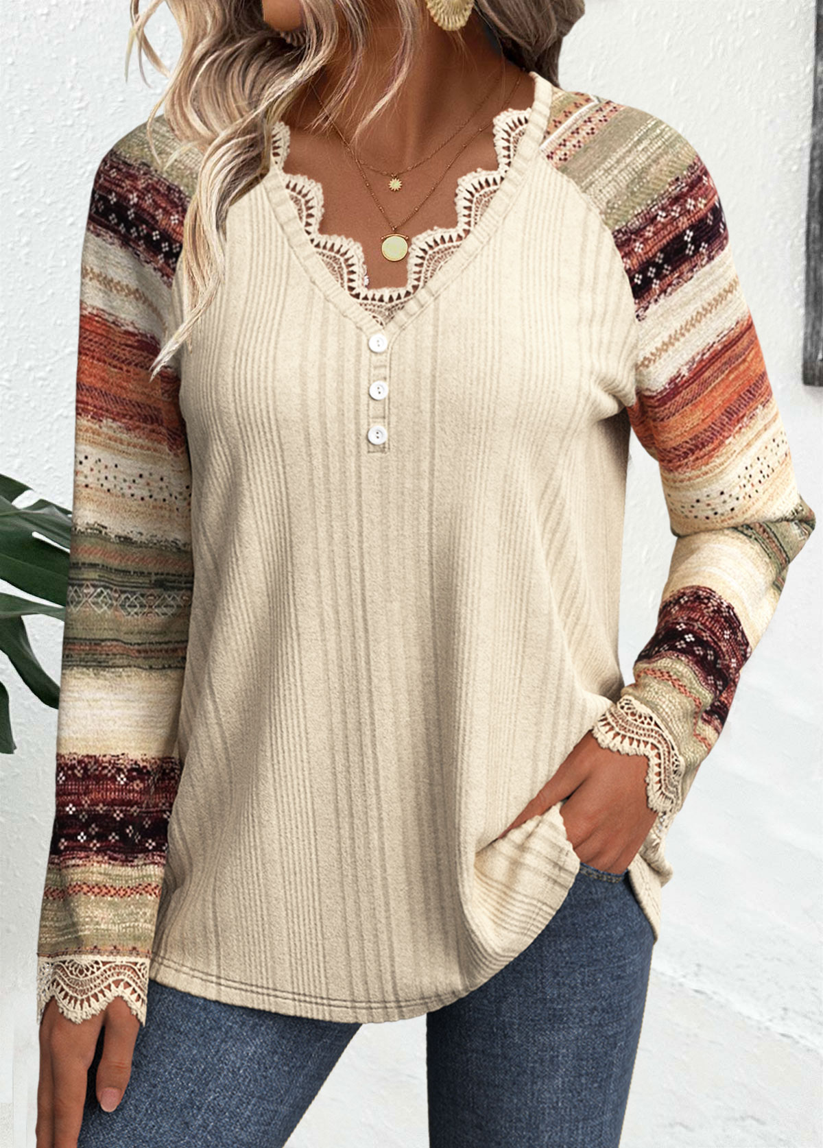 Plus Size Beige Embroidery Striped Long Sleeve T Shirt | picture 
