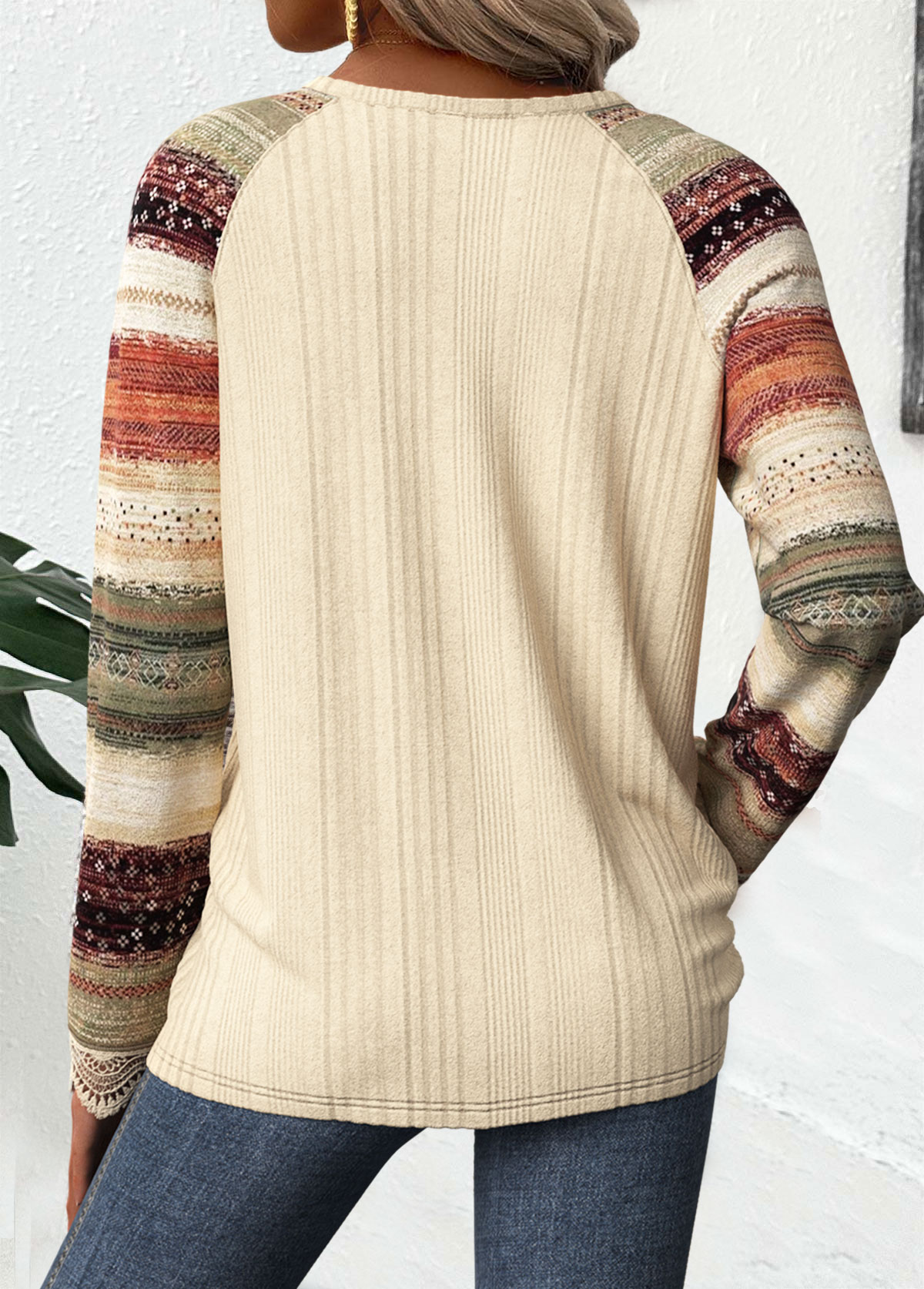 Plus Size Beige Embroidery Striped Long Sleeve T Shirt | picture 