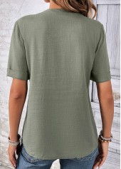 Sage Green Button Short Sleeve Split Neck Blouse | thumb picture 