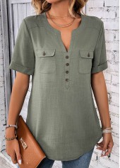 Sage Green Button Short Sleeve Split Neck Blouse | thumb picture 