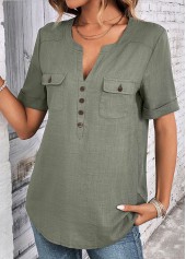 Sage Green Button Short Sleeve Split Neck Blouse | thumb picture 