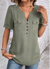 Sage Green Button Short Sleeve Split Neck Blouse
