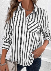 White Pocket Striped Long Sleeve Shirt Collar Blouse