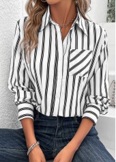 White Pocket Striped Long Sleeve Shirt Collar Blouse | thumb picture 