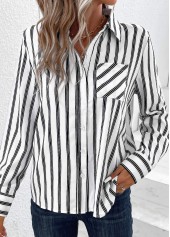 White Pocket Striped Long Sleeve Shirt Collar Blouse | thumb picture 