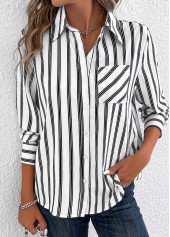 White Pocket Striped Long Sleeve Shirt Collar Blouse | thumb picture 