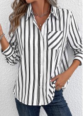 White Pocket Striped Long Sleeve Shirt Collar Blouse | thumb picture 
