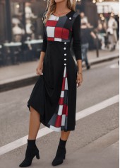 Black Button Plaid Three Quarter Length Sleeve Dress | thumb picture 