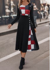Black Button Plaid Three Quarter Length Sleeve Dress | thumb picture 