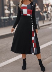 Black Button Plaid Three Quarter Length Sleeve Dress | thumb picture 