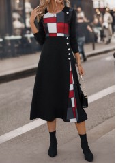 Black Button Plaid Three Quarter Length Sleeve Dress
